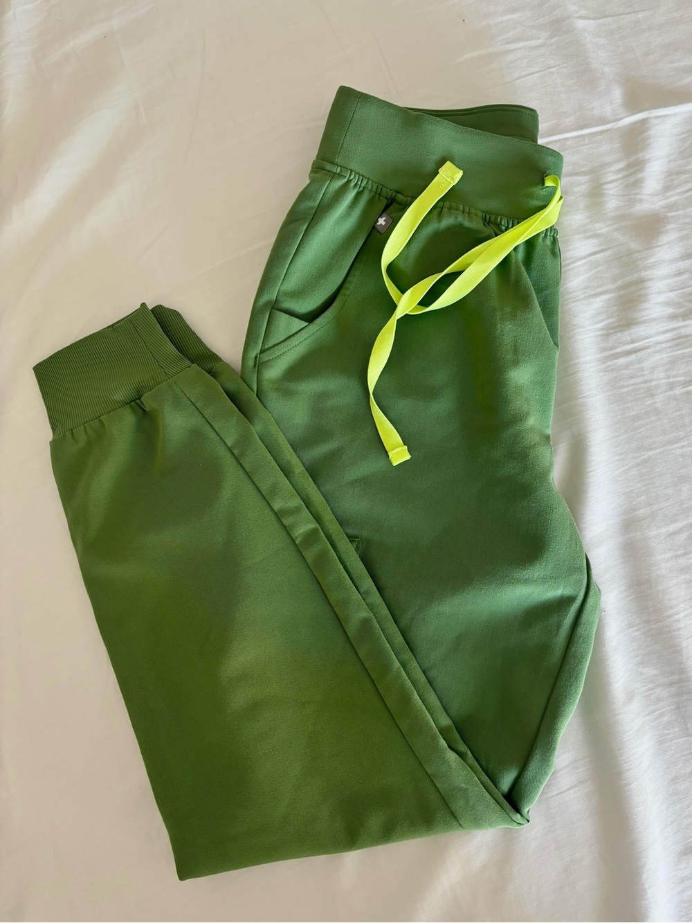 FIGS Olive Green Zamora Joggers with Neon Yellow Drawstring
